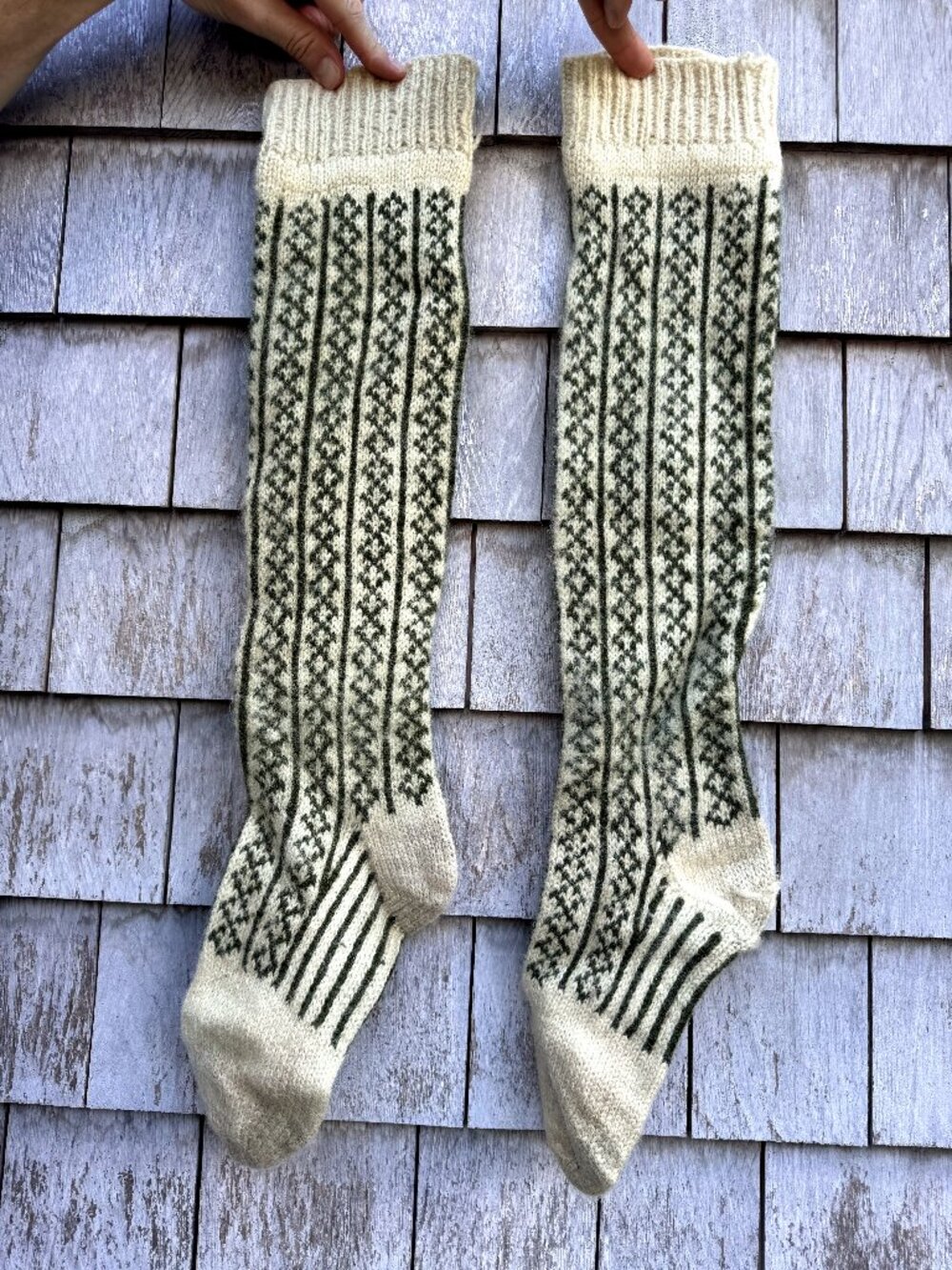 Vintage Hand-Knit Wool Knee Socks — Cream & Olive Fair Isle